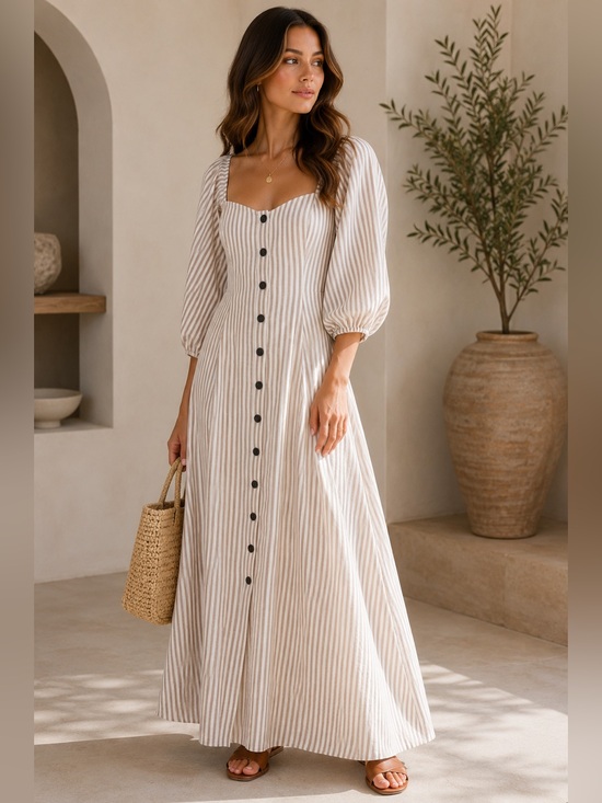 Mara Hoffman Dresses & Skirts - Mara Hoffman Striped Linen Blend Puff Sleeve Maxi Dress Size 2
